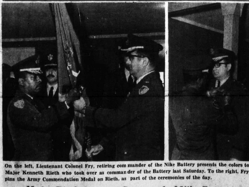 1969 newspaper photo of officers in dress uniform at a change of command ceremony